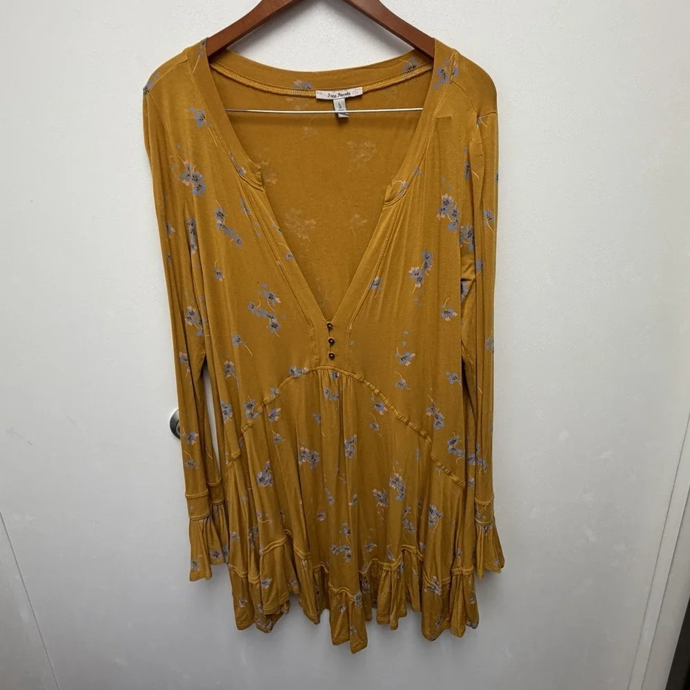 Free People Olivia Printed Tunic Dress Marigold Size Large Boho Babydoll - Picture 3 of 9